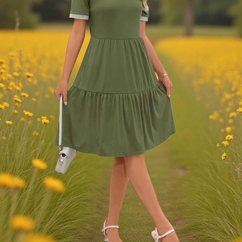 🌿 Boho Breeze! Army Green Tiered Dress | Pockets + Striped Trim | Size S - Picture 6 of 11